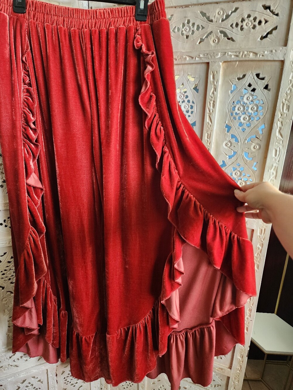 RusttyDustty XL Burnt Orange Velvet Flare & Slit Ruffle Leg Pants - Picture 5 of 11